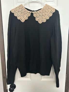Black Sweater with Crochet Cream Collar - Women's Cardigan-Style Pullover